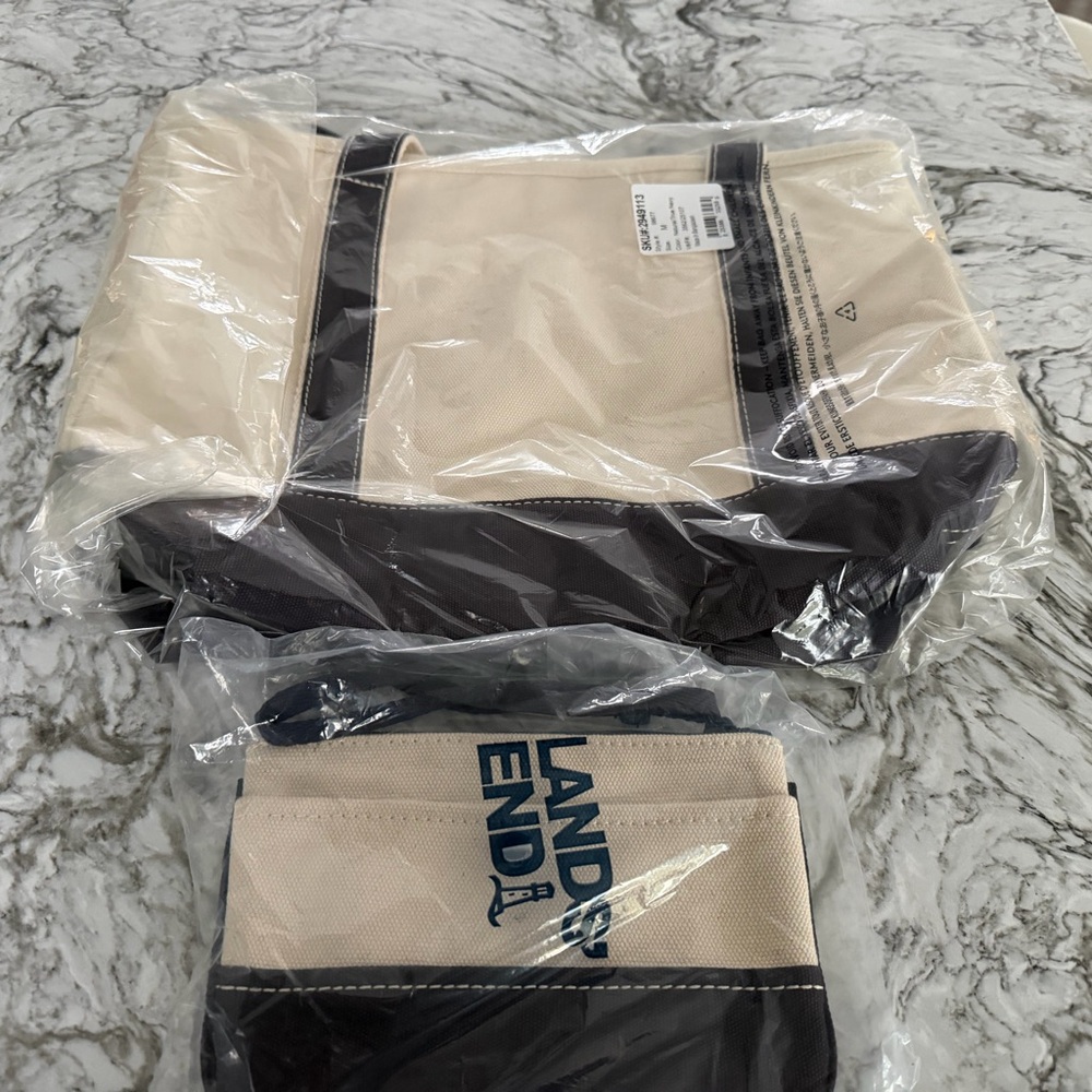 Lands' End Navy and Cream Canvas Tote